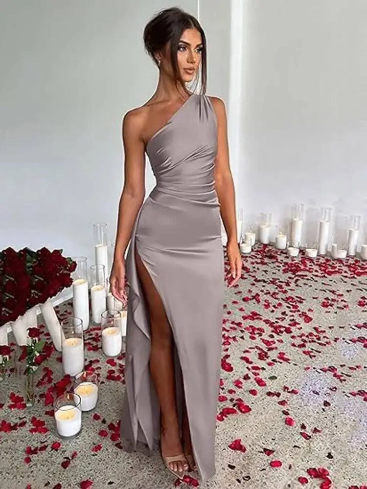 Women’s Sexy One-Shoulder Satin Maxi Dress with High Split – Perfect for Cocktails, Weddings, and Formal Parties!