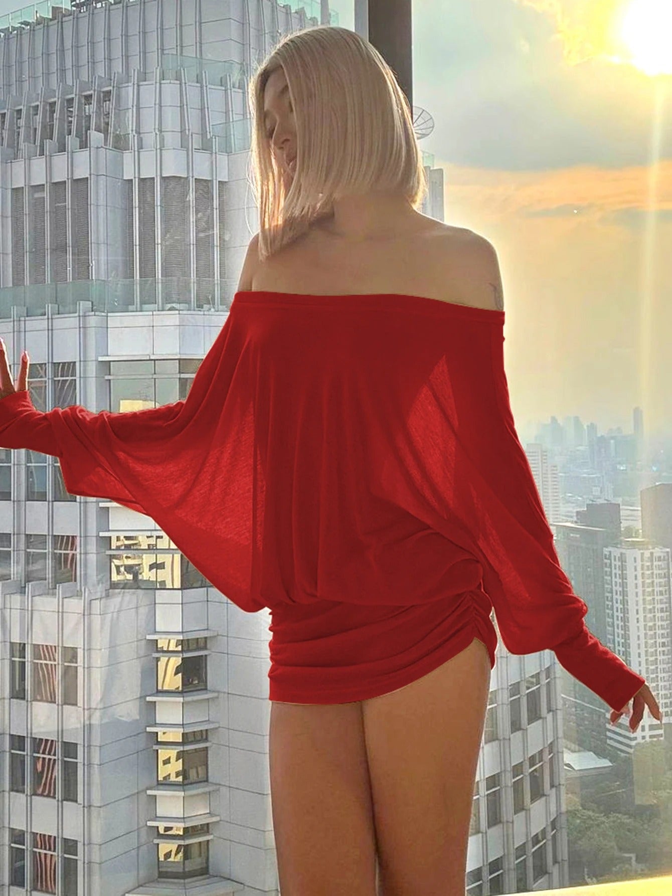 Rewind to the 2000s: Ruched Off-Shoulder Batwing Dress