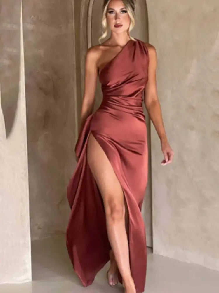 Women’s Sexy One-Shoulder Satin Maxi Dress with High Split – Perfect for Cocktails, Weddings, and Formal Parties!