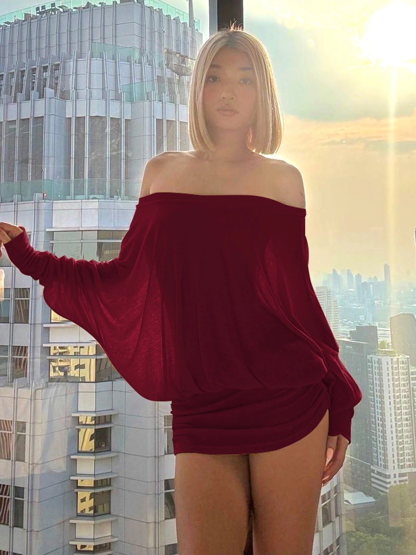 Rewind to the 2000s: Ruched Off-Shoulder Batwing Dress