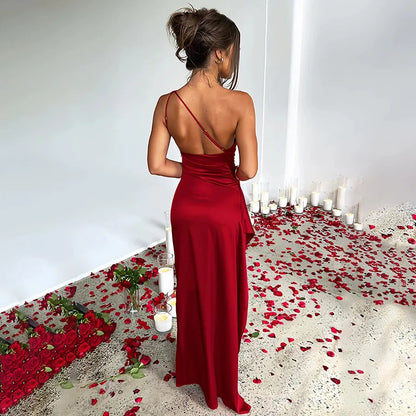 Women’s Sexy One-Shoulder Satin Maxi Dress with High Split – Perfect for Cocktails, Weddings, and Formal Parties!
