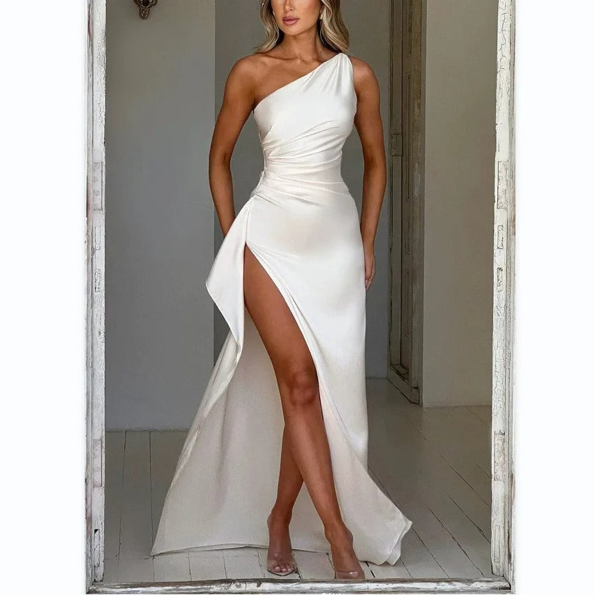 Women’s Sexy One-Shoulder Satin Maxi Dress with High Split – Perfect for Cocktails, Weddings, and Formal Parties!