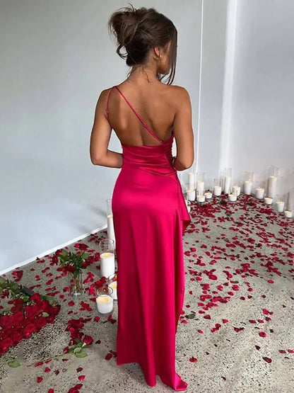 Women’s Sexy One-Shoulder Satin Maxi Dress with High Split – Perfect for Cocktails, Weddings, and Formal Parties!