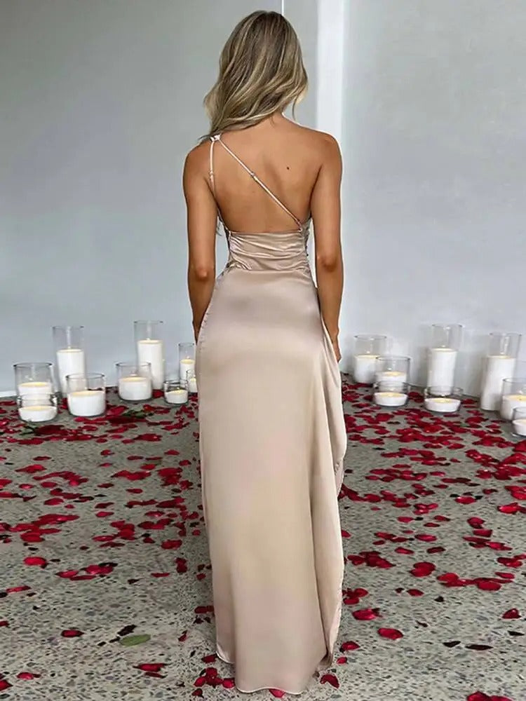 Women’s Sexy One-Shoulder Satin Maxi Dress with High Split – Perfect for Cocktails, Weddings, and Formal Parties!