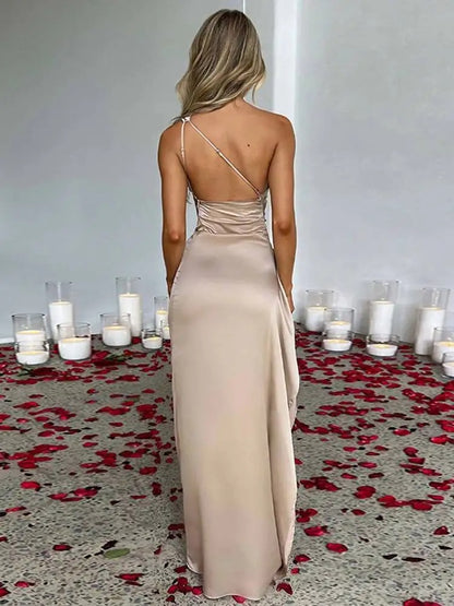Women’s Sexy One-Shoulder Satin Maxi Dress with High Split – Perfect for Cocktails, Weddings, and Formal Parties!