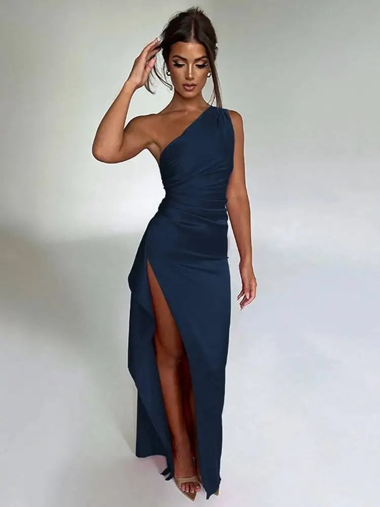 Women’s Sexy One-Shoulder Satin Maxi Dress with High Split – Perfect for Cocktails, Weddings, and Formal Parties!